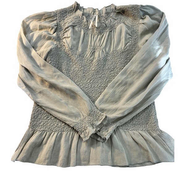 Anthropologie Tops - Anthropologie Smocked Ruffle Neck Long Sleeve Peasant Blouse Top Green Gray  S